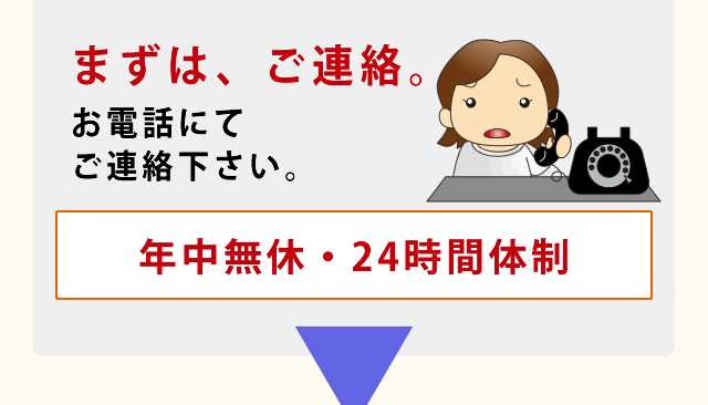 まずは、ご連絡。お電話にてご連絡下さい。 年中無休・24時間体制