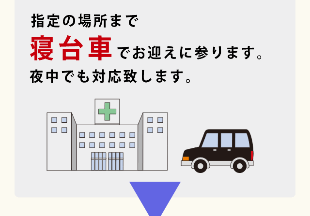 指定の場所まで寝台車でお迎えに参ります。夜中でも対応致します。